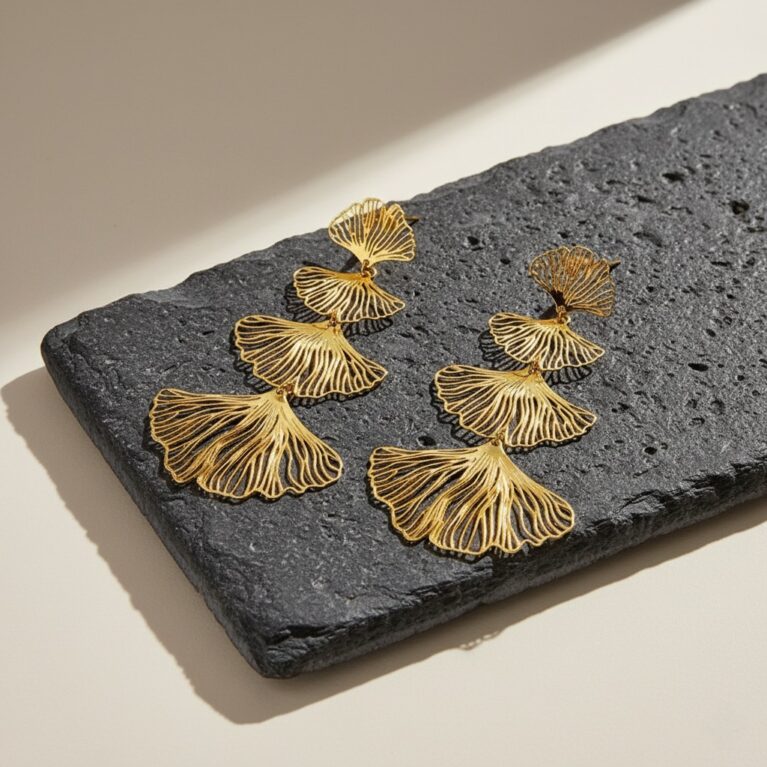 Gold Plated Layered Ginkgo Leaf Dangle Earrings