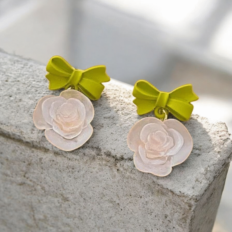 Lime Ribbon Rose Earrings